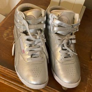 Metallic silver Reebok pump high top sneakers